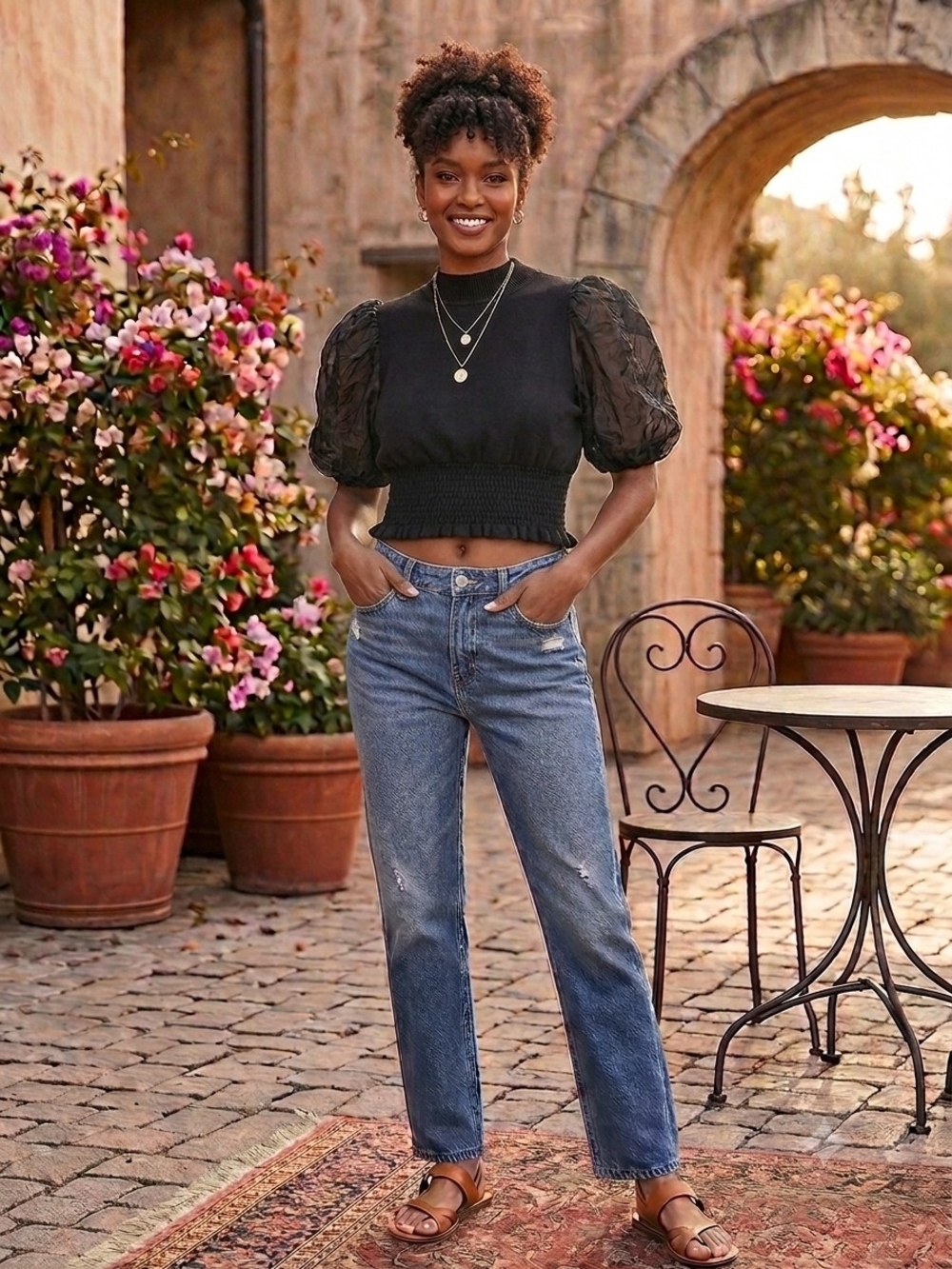Gracia Black Puff-Sleeve Smocked Crop Top